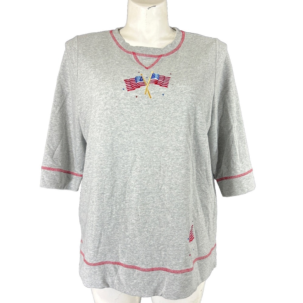 Quacker Factory Pullover‎ 1X Gray Rhinestone Embroider American Flag Sweatshirt